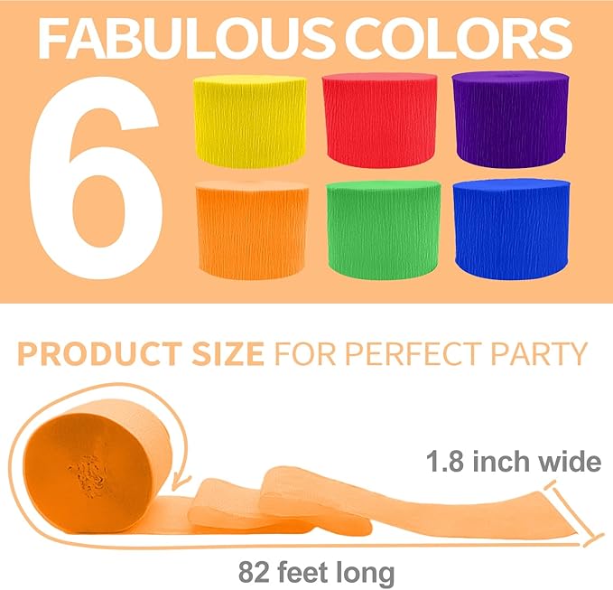 6 Crepe Paper Streamers Rolls, 492ft 6 Colors Rainbow Streamers for Birthday Wedding Bachelorette Party Decorations, DIY Crafts Supplies (1.8 inch x 82 ft/Roll)