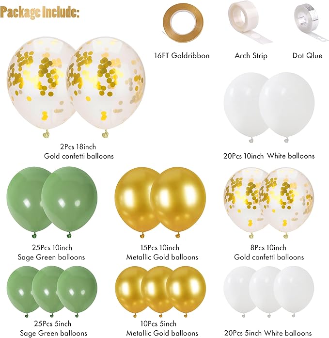 CANREVEL 125pcs Sage Green Balloon Garland Arch Kit White Gold Confetti Balloons Retro Green Latex Balloon for Birthday Party Baby Shower Wedding Christmas Holiday Balloon Jungle Decorations