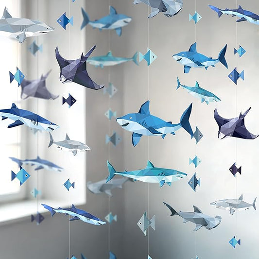 Cheerland Shark Party Decorations Shark Week Decorations Hanging Under the Sea Animals Garland Geometric Ocean Nautical Fish Birthday Decor Summer Fish Streamers Sea Creature Theme Backdrop Pack of 6