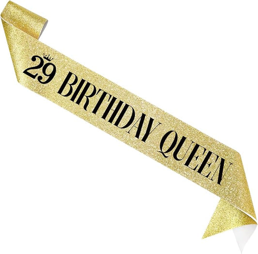29 Birthday Queen 29th Birthday Sash for Women, Gold Glitter Sash with Black Foil
