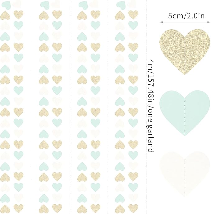 Sage-Green Gold Tea Party Decorations Heart Garland - 52Ft Garden Forest Baby Bridal Shower Birthday Mint Hanging Streamers Banner Decor,Wedding Bachelorette Engagement Graduation Backdrop Huglony
