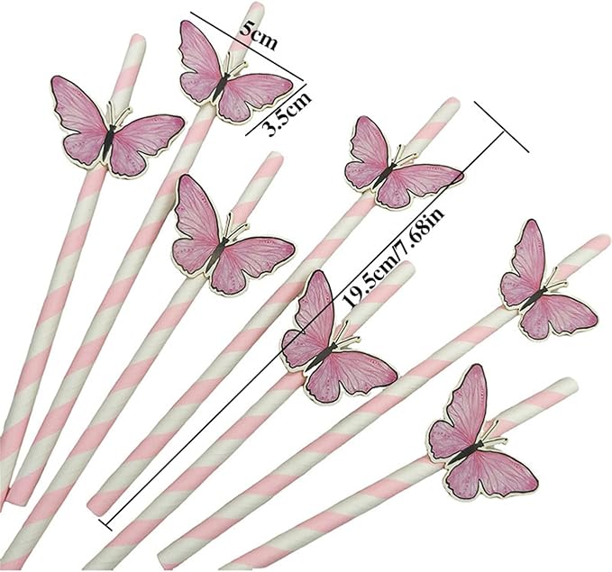 20pcs Butterfly Stripe Paper Straws Anti Wrinkle Straw Butterfly Floral Decor Disposable Party Straws Drinking Straws Set for Valentine's Day Brithday New Year Party Decoration Supplies