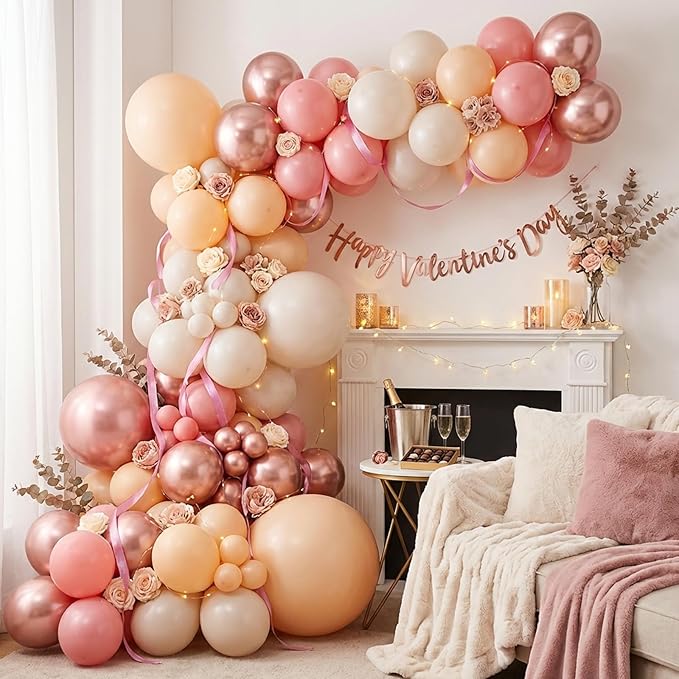 RUBFAC 65pcs 12 Inches Retro Pink Balloons Metallic Blush Rose Gold White Sand Nude Party Balloons with Ribbons for Birthday, Wedding, Baby Shower, Graduation Decorations