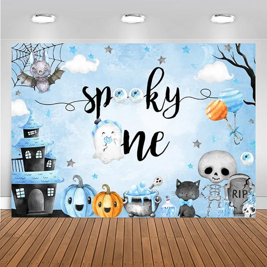 Mocsicka Halloween Spooky One Backdrop Halloween 1st Birthday Party Decoratoon Watercolor Spooky Ghost Spooktacular Birthday Banner Photo Shoot Props (Blue, 10x7ft(120''x82''))