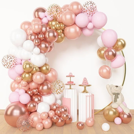 Amandir Rose Gold Balloons Garland Arch Kit, 150pcs Rose Gold Pink White Gold Confetti Latex Balloons for Mothers Day Bridal Wedding Birthday Baby Shower Graduation Bachelorette Party Decorations