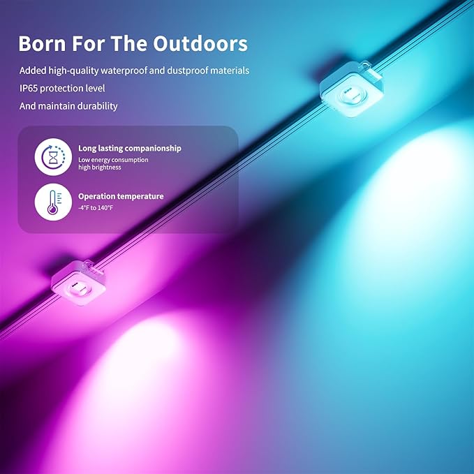 Permanent Outdoor RGB LED String Lights 50ft, Smart Outdoor Lights with App/Remote, IP67 Waterproof, Music Sync, Voice Control, DIY Modes for Balcony, Patio, Fence & Small Yard