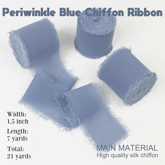 Periwinkle Blue Chiffon Ribbon 1-1/2 Inch x 21Yards Dusty Blue Chiffon Silk Ribbon Handmade Fringe Boho Frayed Ribbon for Gift Wrapping, Wedding Invitation, Bridal Flower Bouquets
