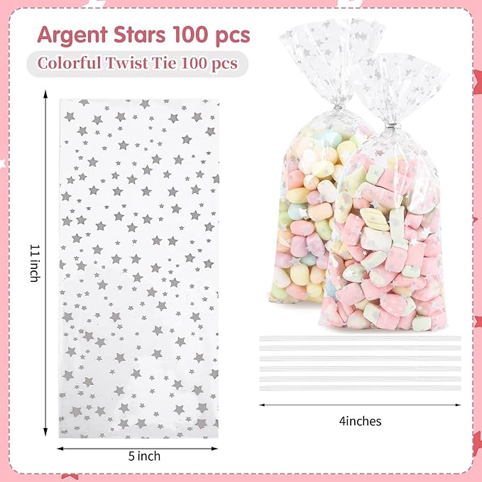 100 Pcs 5 x 11 Inch Clear Cellophane Treat Bags with 100 Silver Twist Ties, Silver Star Printed Heat Sealable Candy Cookie Bags for Bakery, Birthday Party Favors, Wedding, Gift Wrapping