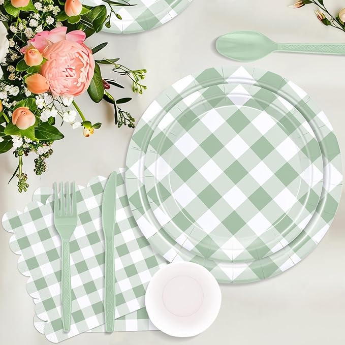175 Pcs Sage Gingham Party Supplies for 25 Guests, Sage and White Checkered Paper Plates, Cups and Napkins Sets for Baby & Bridal Shower, Wedding, Birthday Party, Outdoor Picnic