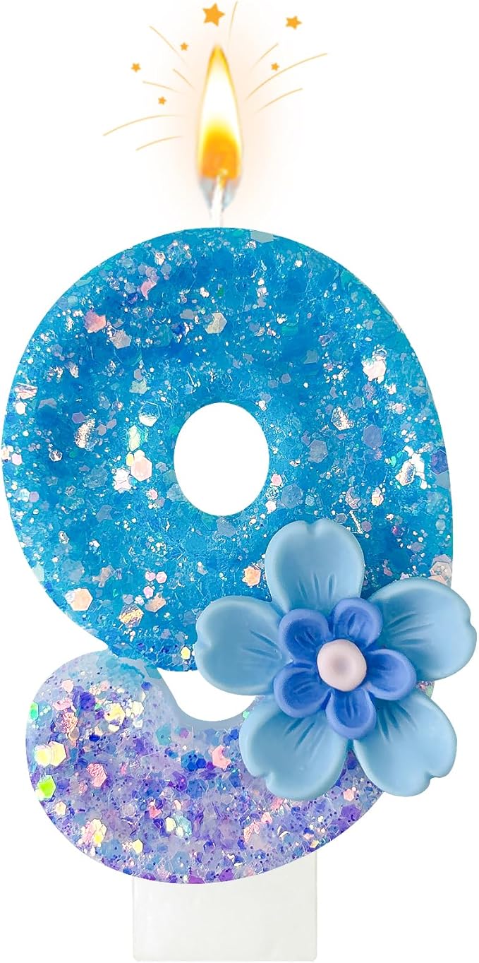 Blue Purple Flower Birthday Number Candles, Flower Theme Party Decorations, Cupcake Decorations, Suitable for Party Celebrations, Boys and Girls Birthday Decorations（9） (Number 9)