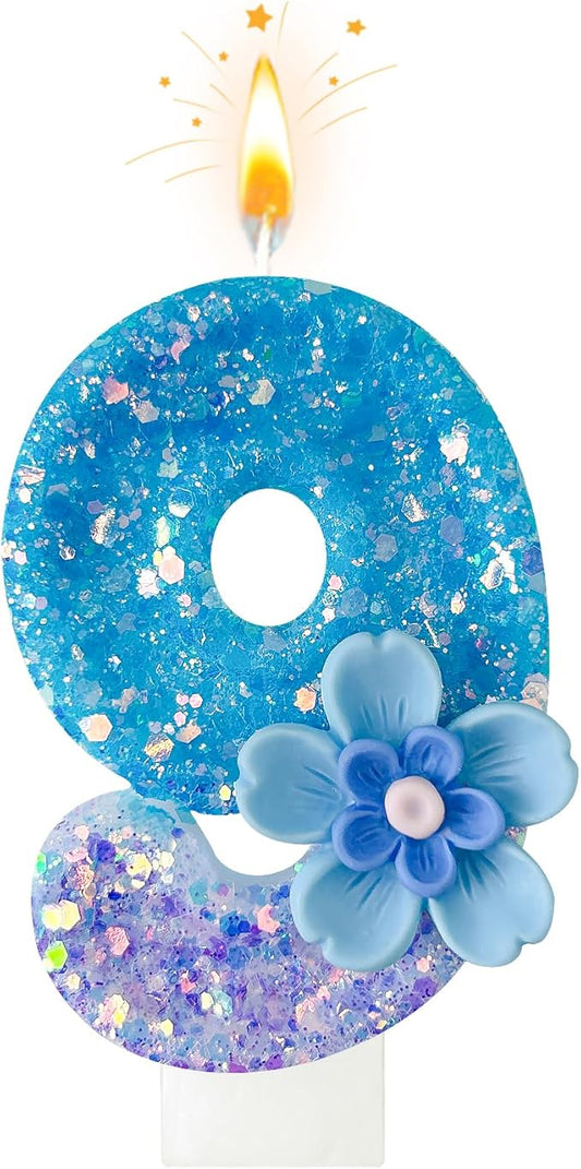 Blue Purple Flower Birthday Number Candles, Flower Theme Party Decorations, Cupcake Decorations, Suitable for Party Celebrations, Boys and Girls Birthday Decorations（9） (Number 9)