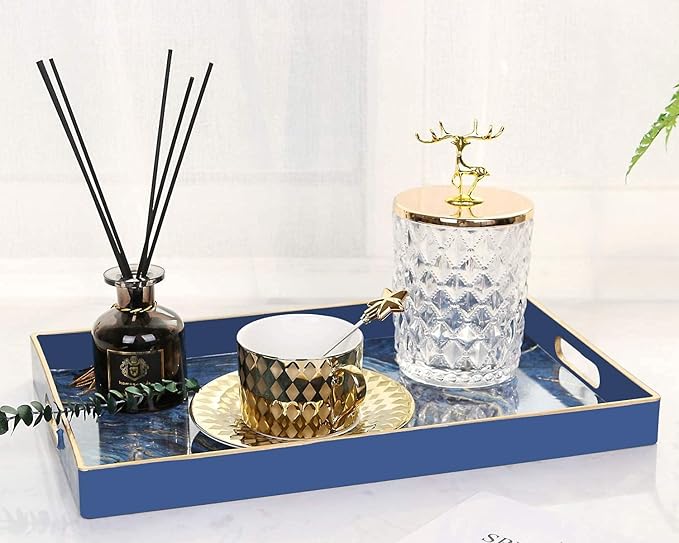 Decorative Tray, Marbling Plastic Tray with Handles, Rectangular Vanity Tray and Serving Tray for Bathroom, Kitchen, Ottoman and Coffee Table, 15.6” x 10.2” (Blue)