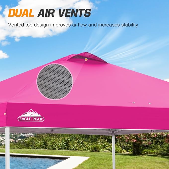 EAGLE PEAK Pop Up Canopy Tent with Wheeled Carry Bag, 8 Stakes, 4 Ropes, 4 Weight Bags, Easy Set Up Tent Canopy, 10x10 ft, 100sqft of Shade, Pink