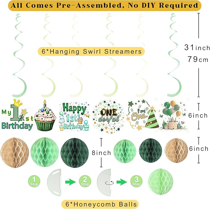 First Birthday Decorations for Boy, Pre-Strung Sweet One and Happy Birthday Banner with Honeycomb Balls, Hanging Swirls, Circle Dots Garland for 1st Birthdays Decorations Boy Girl 21pcs