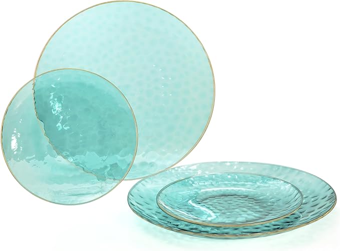 " OCCASIONS " 100 Plates Pack (50 Guests) Wedding Party Disposable Plastic Plate Set -50 x 10'' Dinner + 50 x 7'' Salad/dessert plates (Coastal Clear Blue & Gold)