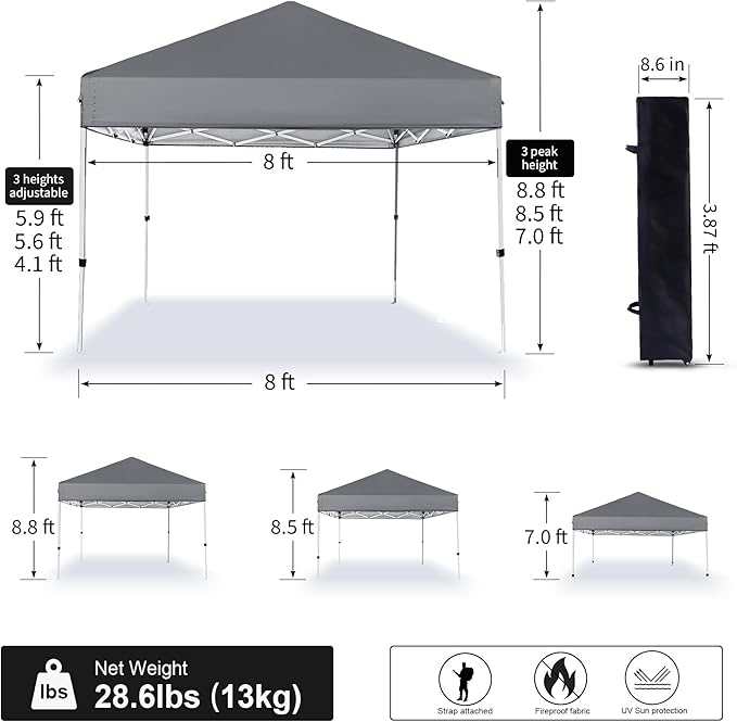 Pop Up Canopy 8X8 FT,Portable Sun Instant Shelter w/Backpack Bag,Waterproof,Adjustable Straight Leg Heights Canopies,Outdoor Tents for Parties,Camping,Commercial Event,Grey