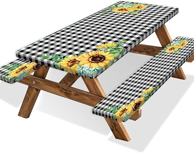 Picnic Table Cover with Bench Covers and Bag, Outdoor Waterproof Windproof Tablecloth with Elastic Edges. Camping Accessories RV Gear Campers 72x30 Inches 3 Pcs Set Black-White Checkered