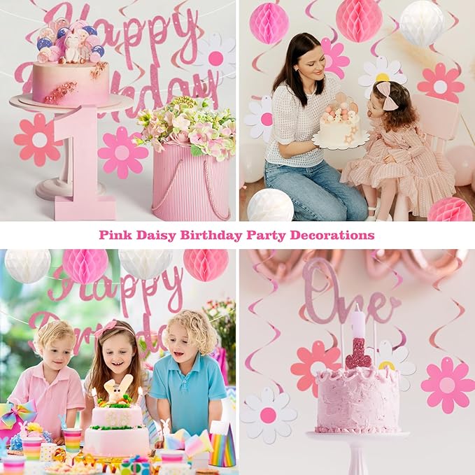 YEOCU Birthday Decorations, NO DIY, Pre-Strung Happy Birthday Banner with Honeycomb Balls, Hanging Swirls, Circle Dots Garland, Happy Birthday Party Decorations for Women Men Boys Girls (Pink)