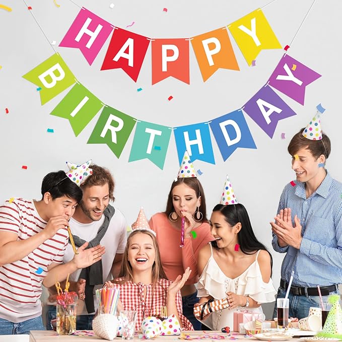 Happy Birthday Banner Birthday Party Banner NO DIY Happy Birthday Sign Pre-Strung Birthday Hanging Decoration for Women Girl Men Boy Party Supplies (Multicolor)