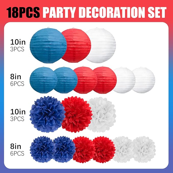 18 PCS Red White Blue Paper Lanterns & Tissue Paper Pom Poms for July 4th Independence Day, Memorial Day, Baseball Party, Patriotic Veteran Celebration Theme Party Decoration Set Supplies