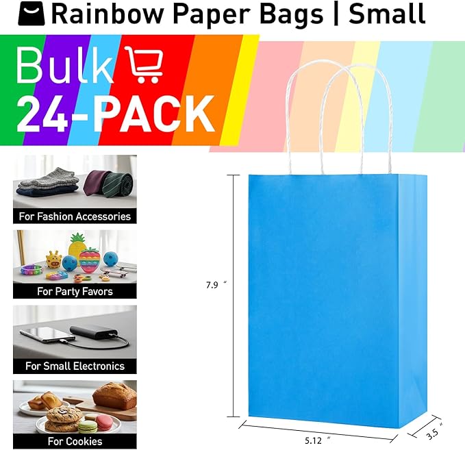 SUNCOLOR Rainbow Gift Bags with Tissue Paper, 24 Pack Small Paper Party Bags, 7.9 x 5.12 x 3.15 Inches, 6 Colors with Handles for Birthday Celebrations, Kids Parties