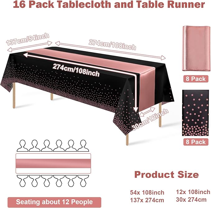 16Pack Disposable Plastic Tablecloths and Satin Table Runner Set Black and Rose Gold Dot Tablecloth Gold Satin Table Runner for Wedding Birthday Baby Shower Anniversary Christmas New Year Party Supply