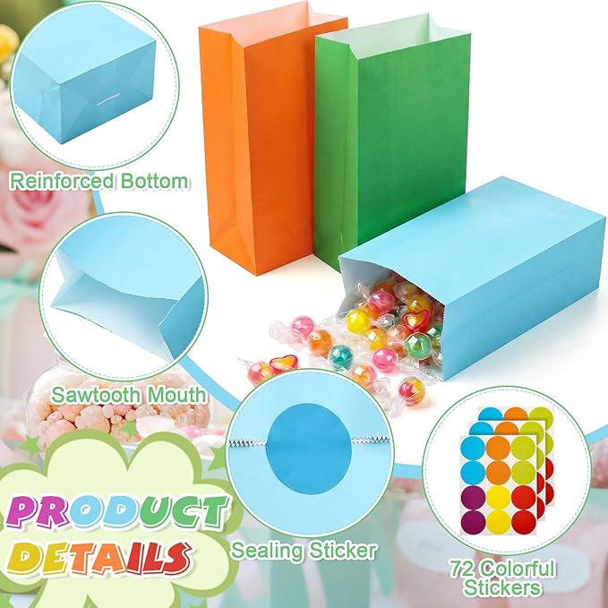 Nezyo 60 Pcs Pastel Gingham Paper Gift Bags with Stickers for Party 5.1 x 3.1 x 9.4 Inches Colorful Rainbow Paper Candy Bag for Party Favor Wedding Birthday Candy Snack DIY Goodie Treat (Rainbow Color)