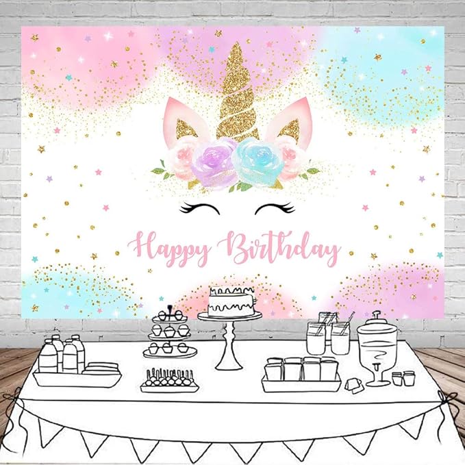 Mocsicka Unicorn Birthday Decorations Backdrop for Girls Party 10x7ft Pastel Rainbow Glitter Stars Dots Happy Birthday Banner Photo Booth Props