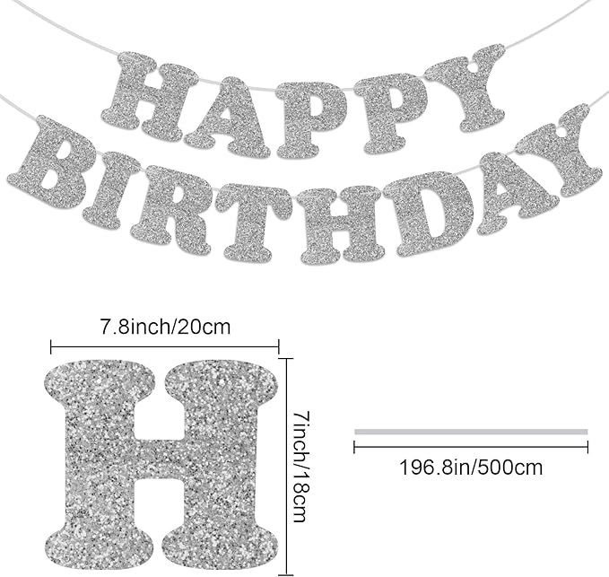 Silver Happy Birthday Banner Birthday Party Decorations Happy Birthday Banner Bunting Garland Sign for Kids Boys Girls Adults Birthday Baby Shower Celebration Party Backdrops Supplies