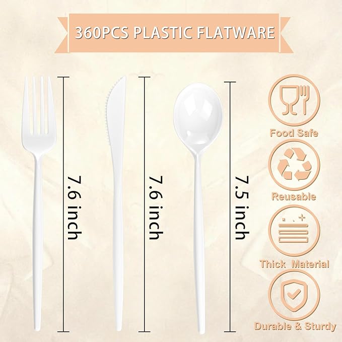 Supernal 360PCS White Plastic Silverware Set - Heavy Duty Disposable Utensils (120 Forks, 120 Knives, 120 Spoons) - Elegant Plastic Cutlery for Weddings, Catering, Party & Daily Dining
