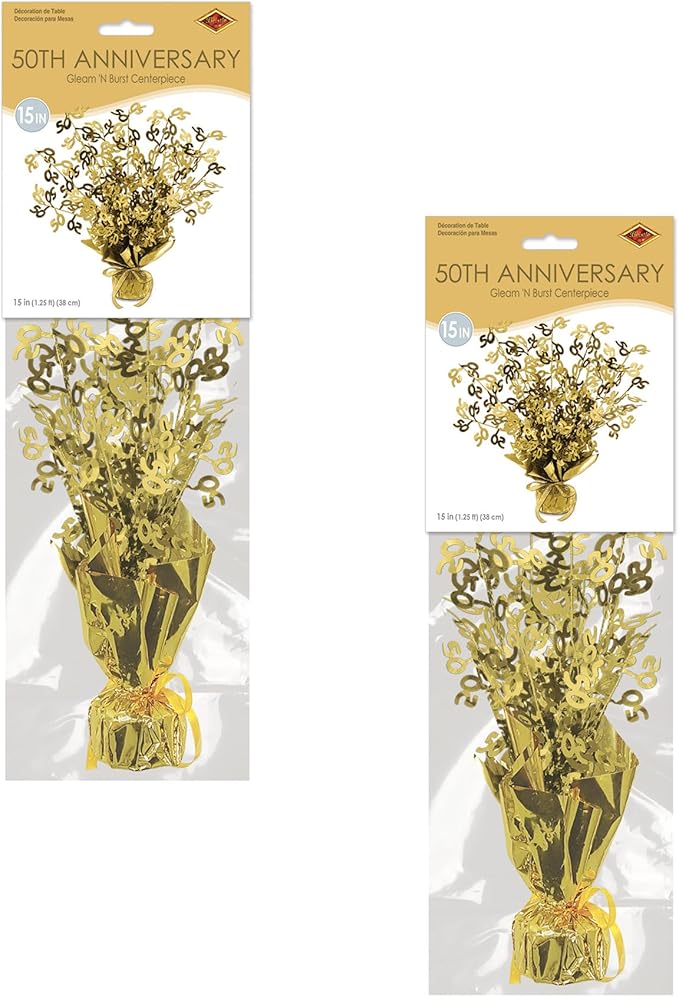 Beistle 50" Gleam ‘N Burst Centerpieces, 2-Piece Gold Metallic Table Display for 50th Birthday Parties, Anniversaries, and Milestone Celebrations, 15”