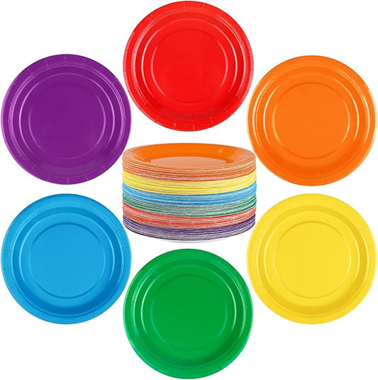 Breroa 144 Pieces Rainbow Paper Plates 7 Inch Bulk Paper Plates Disposable Round Dessert Plate Heavy Duty Solid Color Plate Table Decors Party Supply for Birthday, Dinner, Wedding