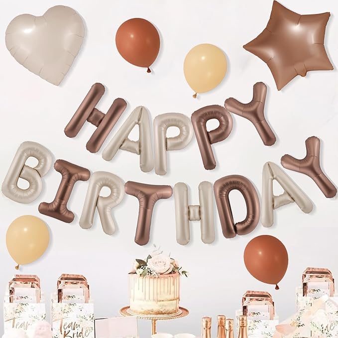 CANREVEL Happy Birthday Balloons Banner 16 Inch Mylar Foil Letters with Star & Heart Balloons Birthday Party Decorations for Men and Women - 29 Pcs Caramel chocolate