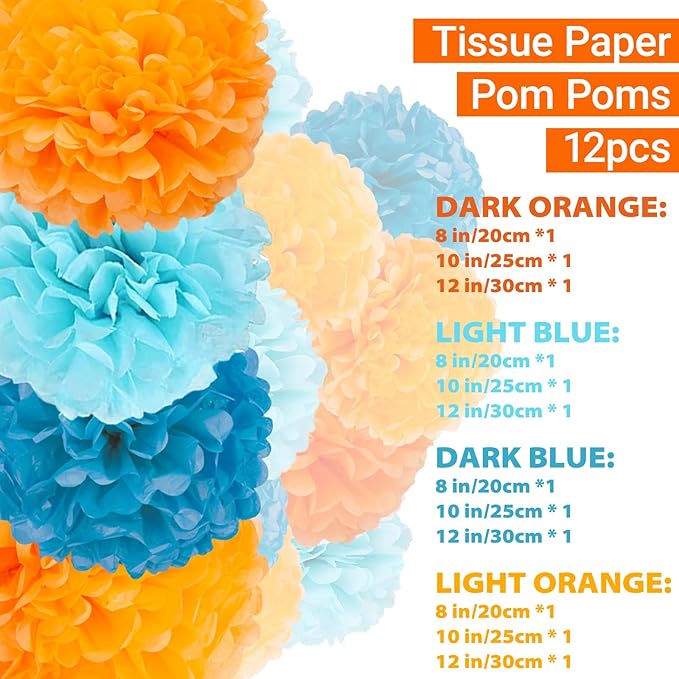 Capesaro Blue and Orange 12PCS Paper Pom Poms Party Decorations for Girl Birthday College Graduation Decoration, Hanging Decor Tissue Paper Flowers
