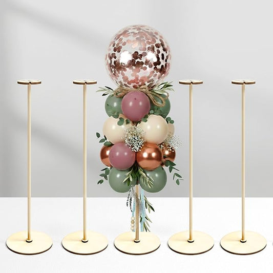 Lightsfever - 6pc Balloon Stand Centerpiece, 15.75 inch Reusable Wood Balloon Tabletop Stand with Sticks and wide Base for Partys, Rustic Wedding Decorations