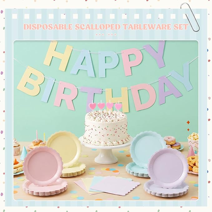 120 Pcs Pastel Paper Plates and Napkins Pastel Rainbow Party Supplies Bulk Disposable 7 Inch Scalloped Plates Cocktail Napkins for Colored Easter Wedding Bridal Baby Shower Birthday, Serve 60