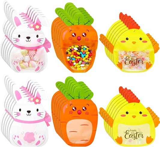 Resurhang 60 Pcs Easter Treat Bags Candy Zipper Cute Bunny Carrot Chick Food Goodie Gifts Bags Resealable Easter Rabbit Snack Containers with Handle for Some Bunny Is One Baby Shower Party Supplies