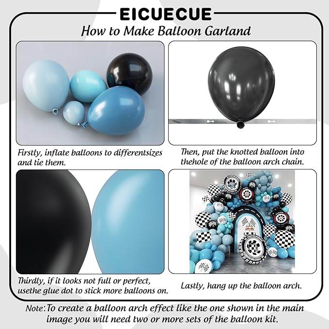 Race Car Balloon Arch Kit - 175Pcs Different Size Balloons Tire Flags Checkered Black Blue White Balloon Garland Kit for Racing Car Two Fast 2nd Theme Birthday Anniversary Party Decorations