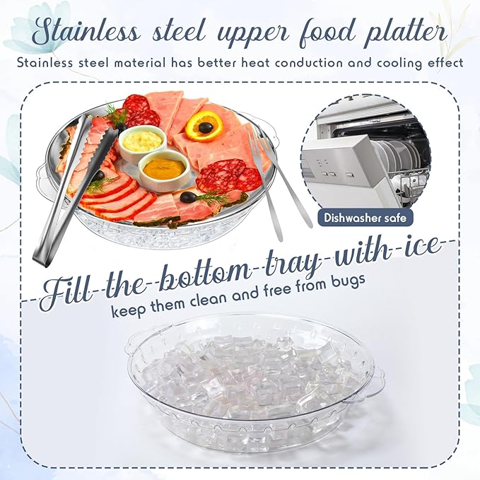 Baderke 6-Pack 11.8" Chilled Serving Tray Set with Ice Underneath, Stainless Steel Clip, Fruit Fork; Modern Round Iced Platter for Parties, Shrimp Cocktail, Oysters, Crawfish, Fruits