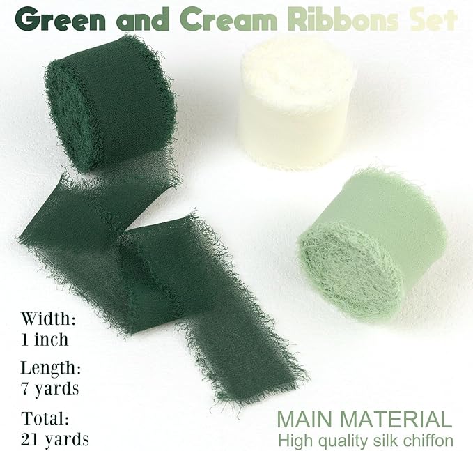 Green Chiffon Ribbon 1 Inch x 21Yds Handmade Fringe Chiffon Silk Ribbon Green & Cream Frayed Chiffon Ribbon for Wedding Invitation Flower Bouquets Gift Wrapping Bridal Shower Baby Shower