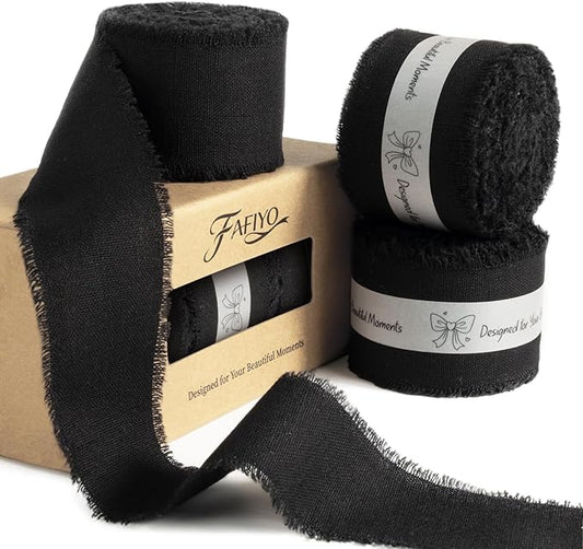 Black Cotton Ribbon 1-1/2 Inch Black 3 Rolls 21 Yards Frayed Edge Fabric Set for Wedding Decor, Graduation Party, Gift Wrapping, Gothic Party & Halloween Decor