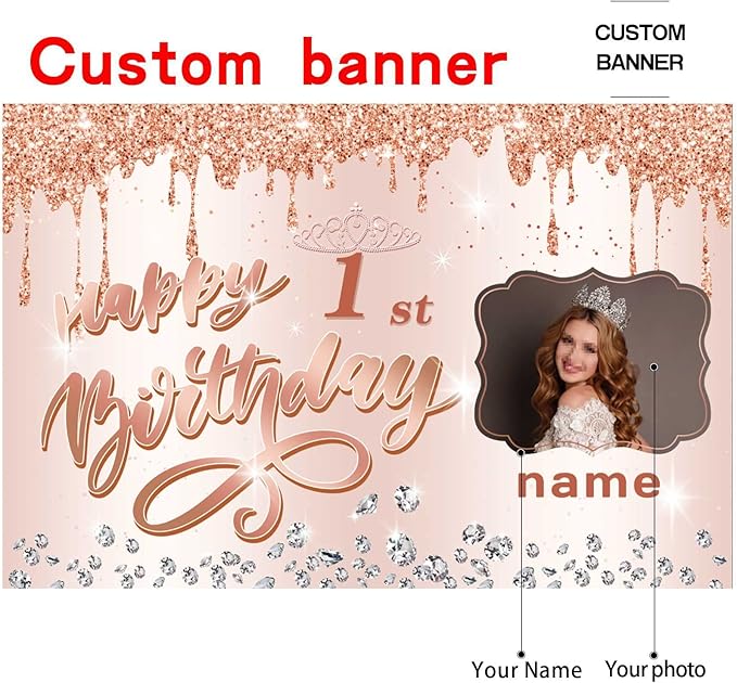 Customizable Rose Gold Happy 1st Birthday Decoration Banner - Personalized with Name and Photo