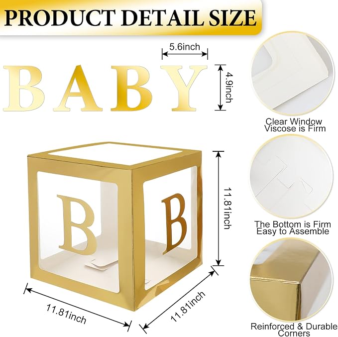 Gold Baby Boxes with Letters for Baby Shower, Baby Shower Decorations for Boys or Girls, Transparent Balloon Boxes Clear Blocks for Birthday Party, Bridal Shower, Gender Reveal
