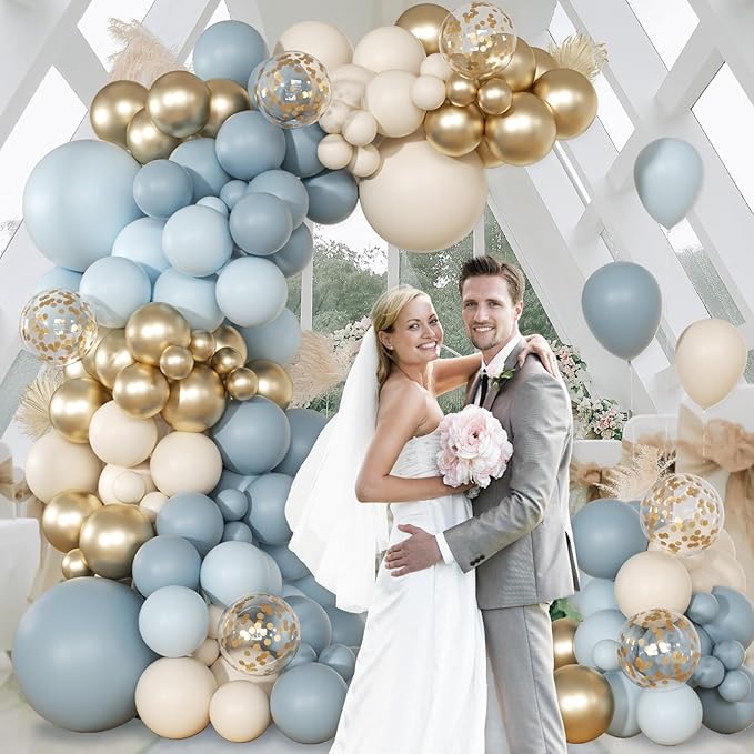 147pcs Dusty Blue Balloon Garland Arch Kit, Light Baby Blue Sand White Metallic Gold Confetti for Birthday Wedding Bridal Shower Boho Baby Shower Party Decorations