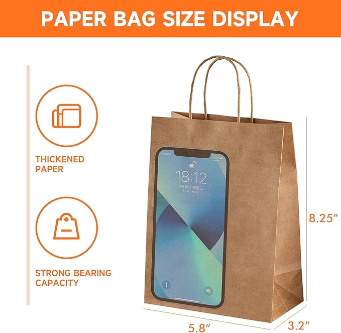 METAPRINT 50 Pack Small Brown Paper Gift Bags with Handles, 5.8"x3.2"x8.25" Kraft Paper Gift Bags for Retail, Birthday Parties, Shopping, Versatile Craft Bags & Goodie Sacks