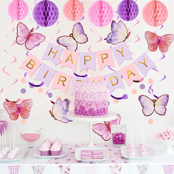meowtastic Birthday Decorations, Happy Birthday Banner with Honeycomb Balls, Butterfly Hanging Swirl Streamers, Circle Dots Garland, Happy Birthday Party Decorations for Women Girls (Purple&Gold)