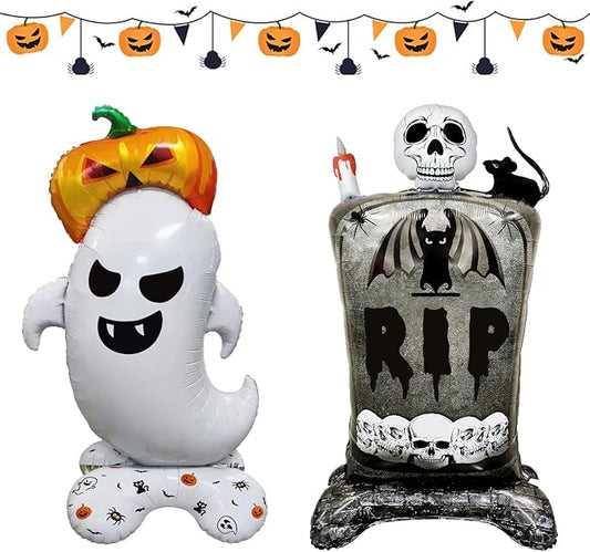 2 Pcs Halloween Giant Balloons Set Self Standing Pumpkin Ghost & Skeleton Cemetery Foil Mylar Balloons Day of Death Punch Inflatable Wall Decorations for Halloween Party Birthday