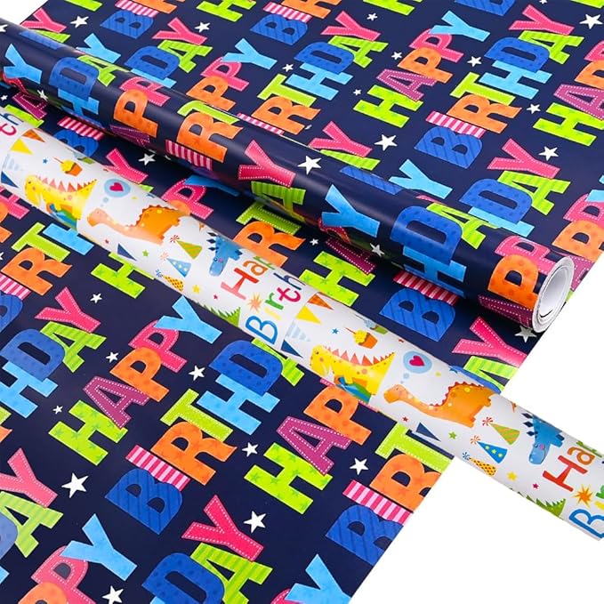 Viadom Birthday Wrapping Paper Roll - Mini Roll - 17 inch X 120 inch Per roll - Colorful Text Happy Birthday, Balloon, Dinosaur Patterns for Birthday, Holiday, Party, Baby Shower (42.3 sq.ft.ttl)