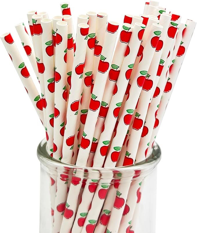 100 Pcs Disposable Straws, Biodegradable Paper Straws for Juices, Shakes, Smoothies, Party Supplies (ApplePattern)