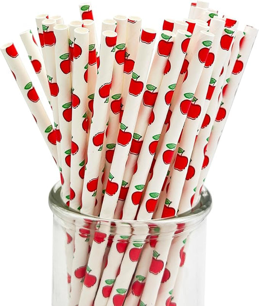 100 Pcs Disposable Straws, Biodegradable Paper Straws for Juices, Shakes, Smoothies, Party Supplies (ApplePattern)